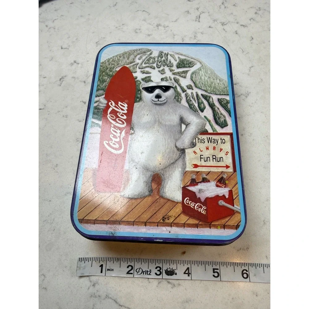 Vintage 1996 Coca-Cola Polar Bear Skiing Surfboard Metal Tin Storage‎ Box 8x6x2